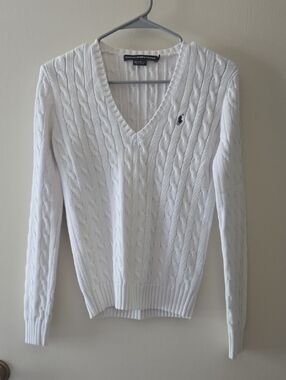Ralph Lauren Cream Cable-Knit V-Neck Sweater S